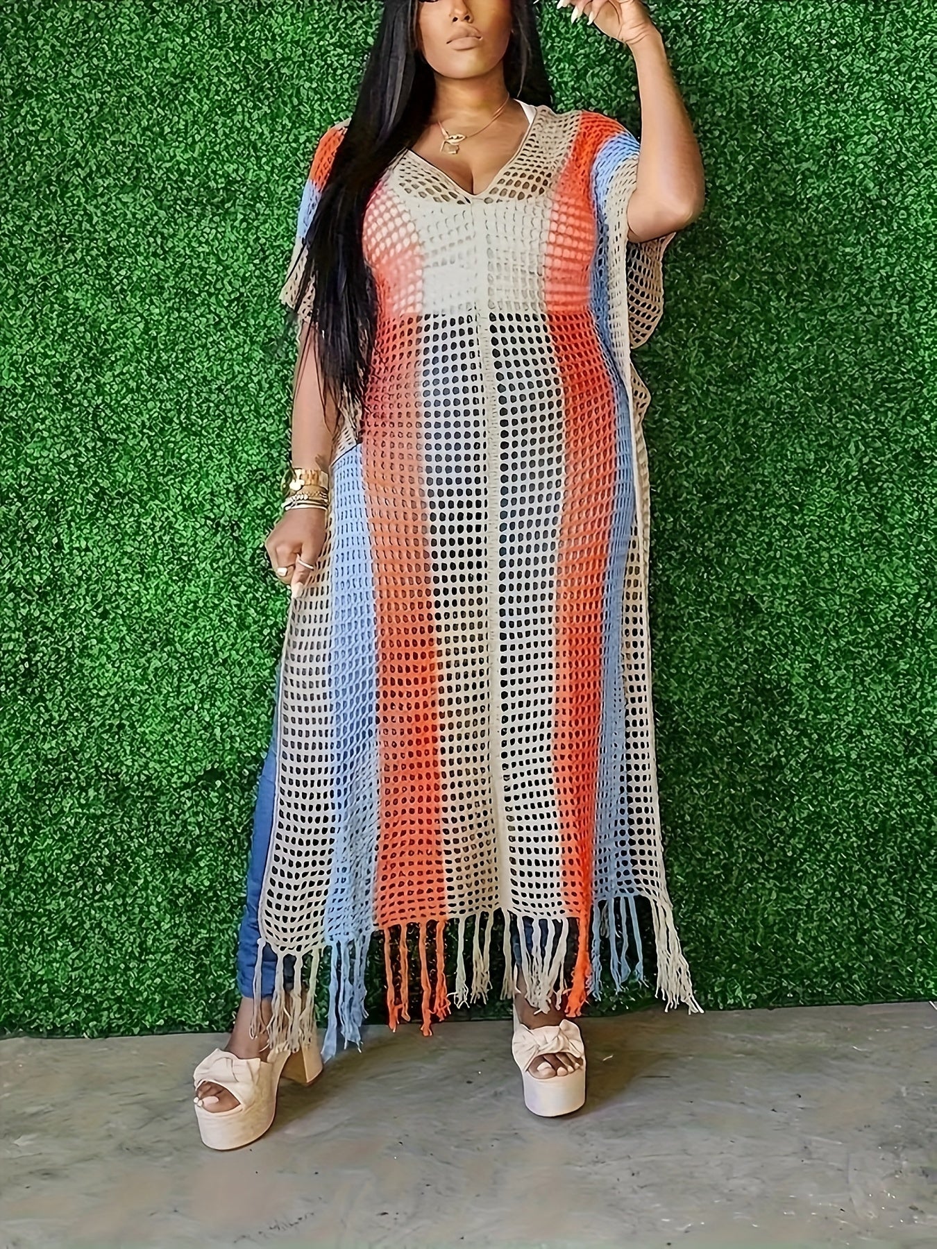 Color Block Striped Hollow Out Knitted Fringe Side Split Loose Fit Semi Sheer Cover Up Dress Without Bikini, Women's Plus Size Swimwear & Clothing
