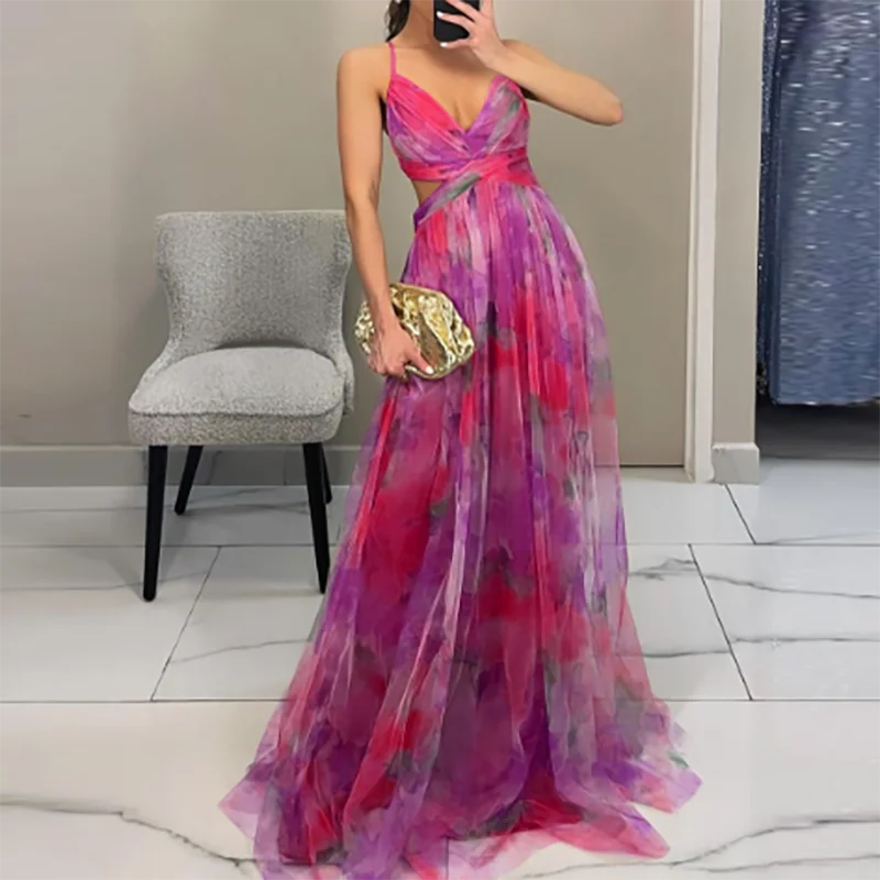 Elegant Print Pleated Mesh Evening Dress Sexy Off Shoulder Ins Vacation Long Dress Summer V Neck High Waist Backless Sling Dress