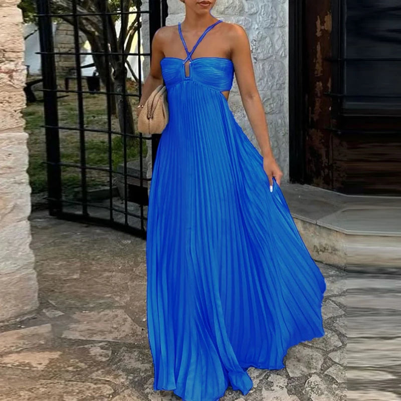 Blue High Waist Pleats Robe Dress Casual Sleeveless Solid Color Holiday Dress Summer Sexy Halter Hollow Off Shoulder Party Dress