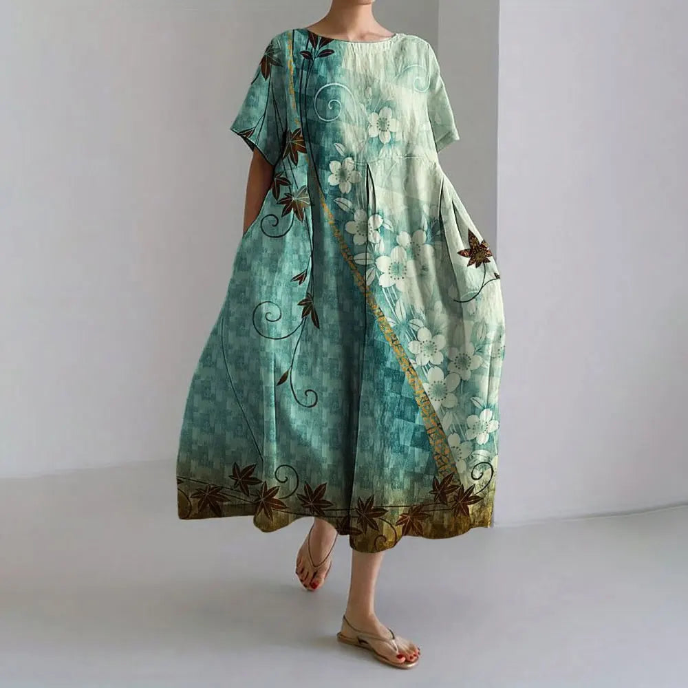 Ladies Fashion Bohemian Fish Print Long Dress for Ladies - plus size wide cut summer dress, crew-neck and elegant summer dress