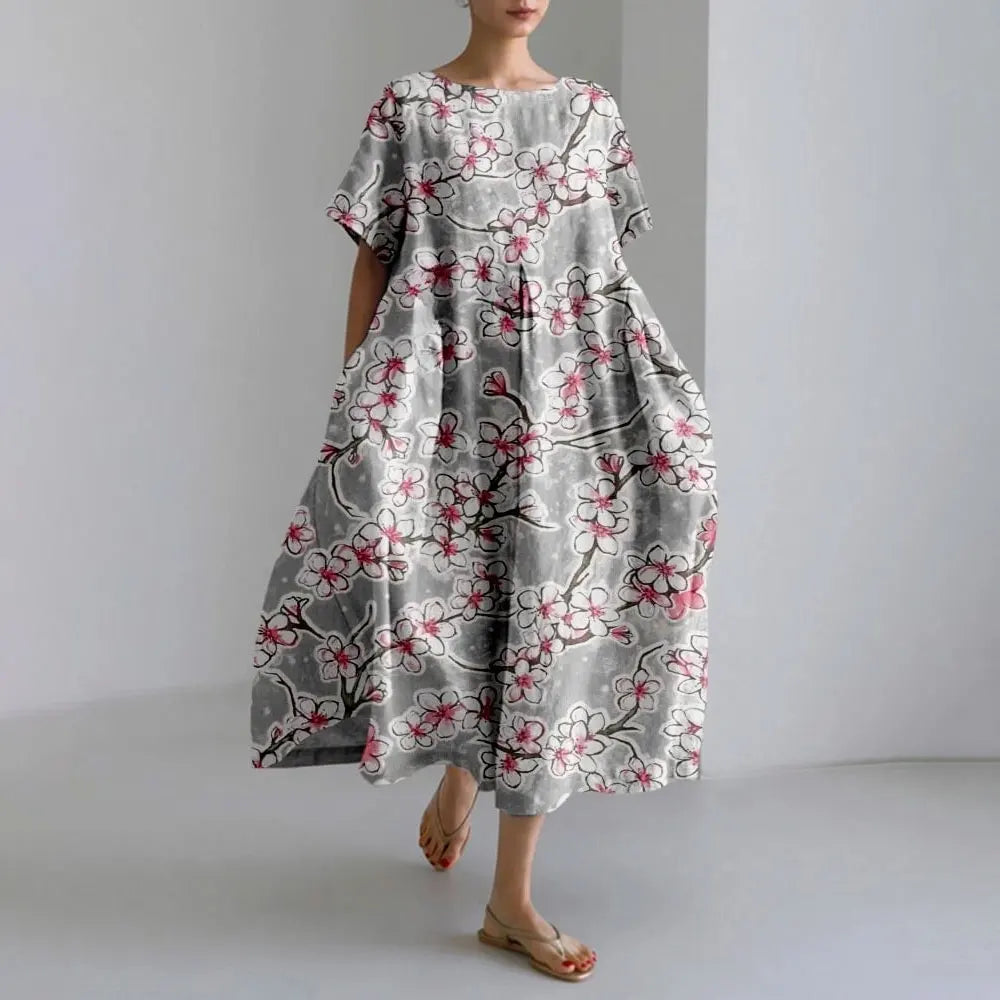 Ladies Fashion Bohemian Fish Print Long Dress for Ladies - plus size wide cut summer dress, crew-neck and elegant summer dress