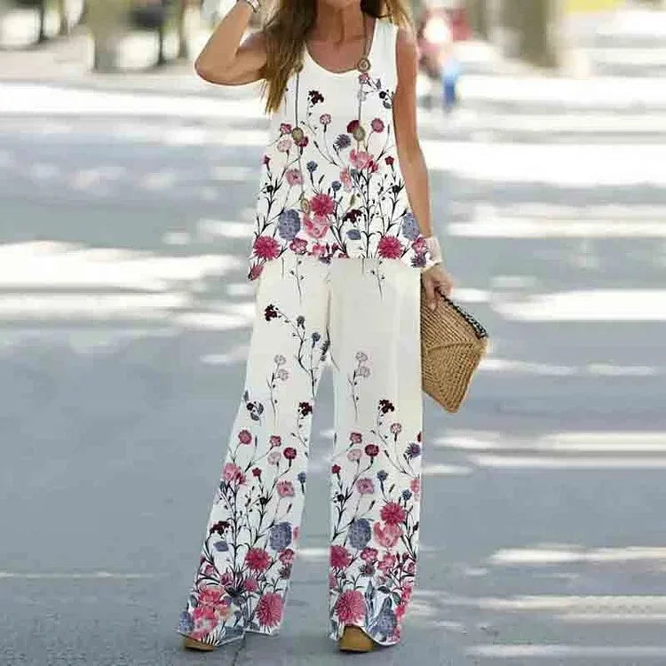 Women Summer Tops Vest Tank Sleeveless Tees Pants Wide Leg Full Long Pant Big Large T Shirts Suit Loose Casual Suits Sets