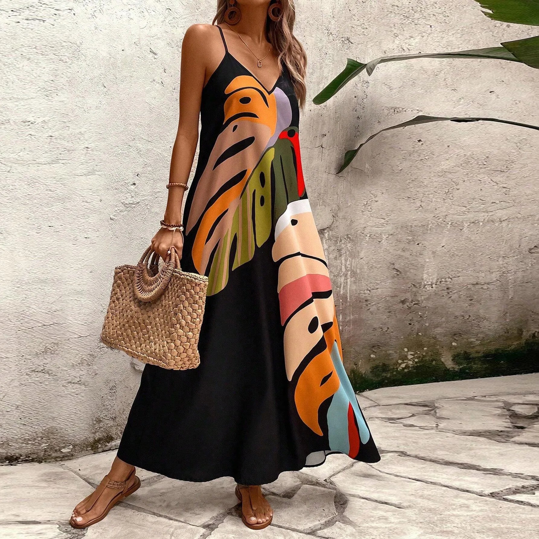 Sexy Spaghetti Strap Beach Boho Long Dress Women Summer Deep V Neck Print Maxi Loose Casual Holiday Dresses For Women Robe Femme