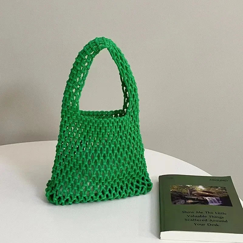 Summer Hand Woven Tote Bags Knitting Crochet Beach Shoulder Bag Hollow Out Handbag Ladies Knitting Straw Rope Underarm Bag