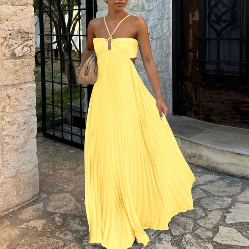 Blue High Waist Pleats Robe Dress Casual Sleeveless Solid Color Holiday Dress Summer Sexy Halter Hollow Off Shoulder Party Dress