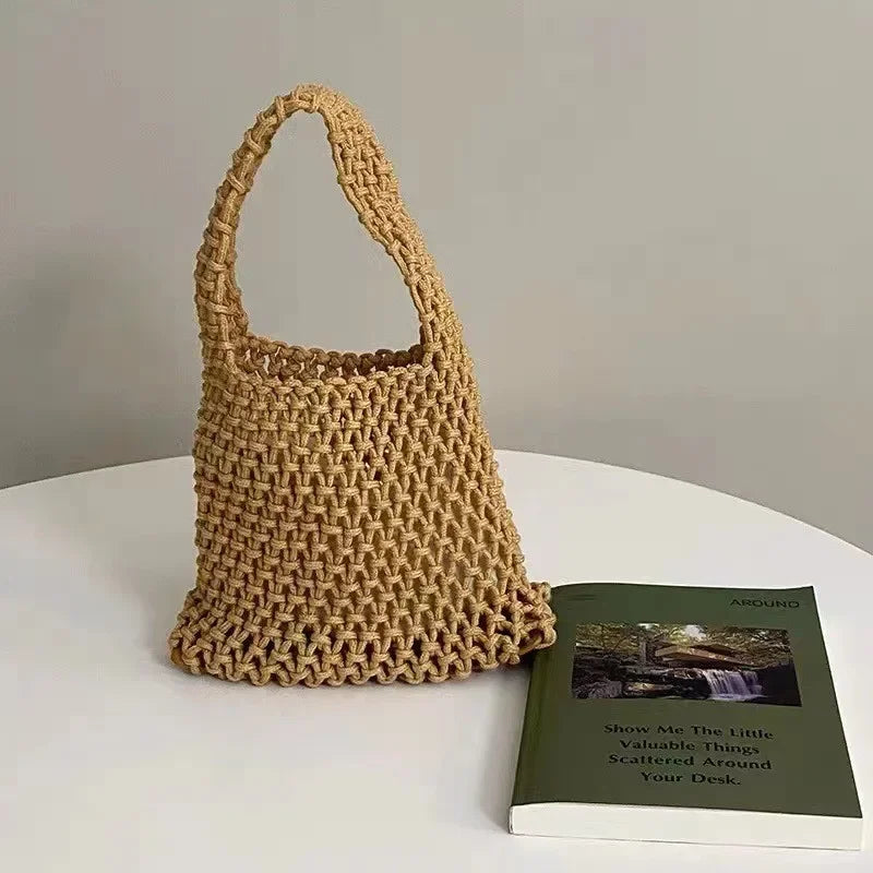 Summer Hand Woven Tote Bags Knitting Crochet Beach Shoulder Bag Hollow Out Handbag Ladies Knitting Straw Rope Underarm Bag