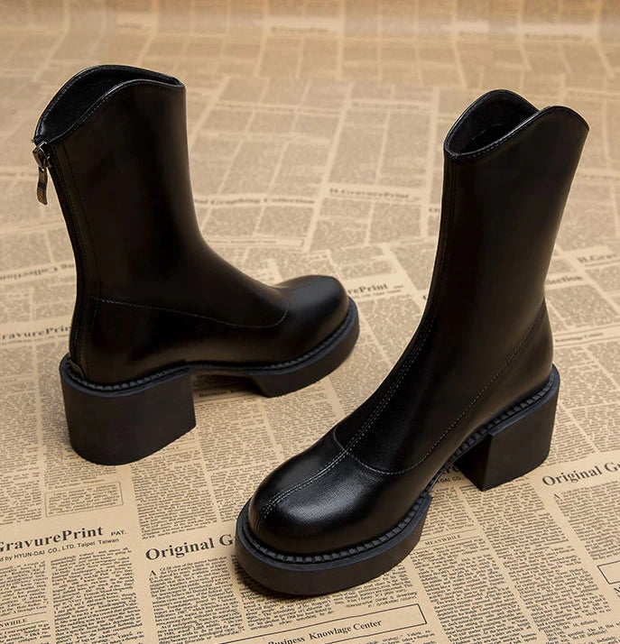 Footwear Waterproof Booties Chunky Short Shoes for Women Platform Very High Heels Female Ankle Boots Round Toe Heeled Quality Pu