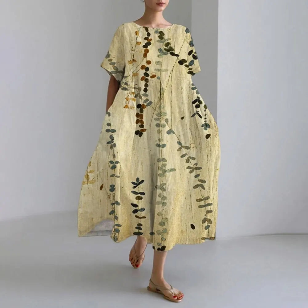 Ladies Fashion Bohemian Fish Print Long Dress for Ladies - plus size wide cut summer dress, crew-neck and elegant summer dress