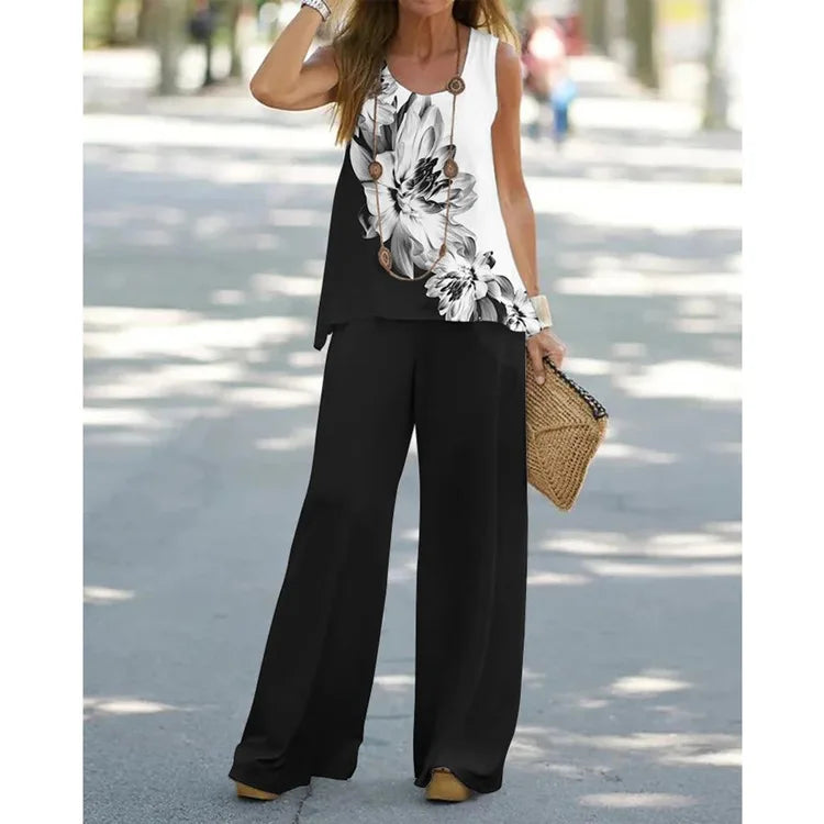 Women Summer Tops Vest Tank Sleeveless Tees Pants Wide Leg Full Long Pant Big Large T Shirts Suit Loose Casual Suits Sets