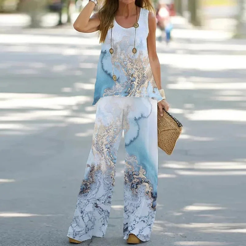 Women Summer Tops Vest Tank Sleeveless Tees Pants Wide Leg Full Long Pant Big Large T Shirts Suit Loose Casual Suits Sets