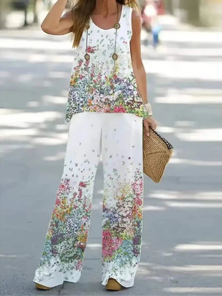 Women Summer Tops Vest Tank Sleeveless Tees Pants Wide Leg Full Long Pant Big Large T Shirts Suit Loose Casual Suits Sets