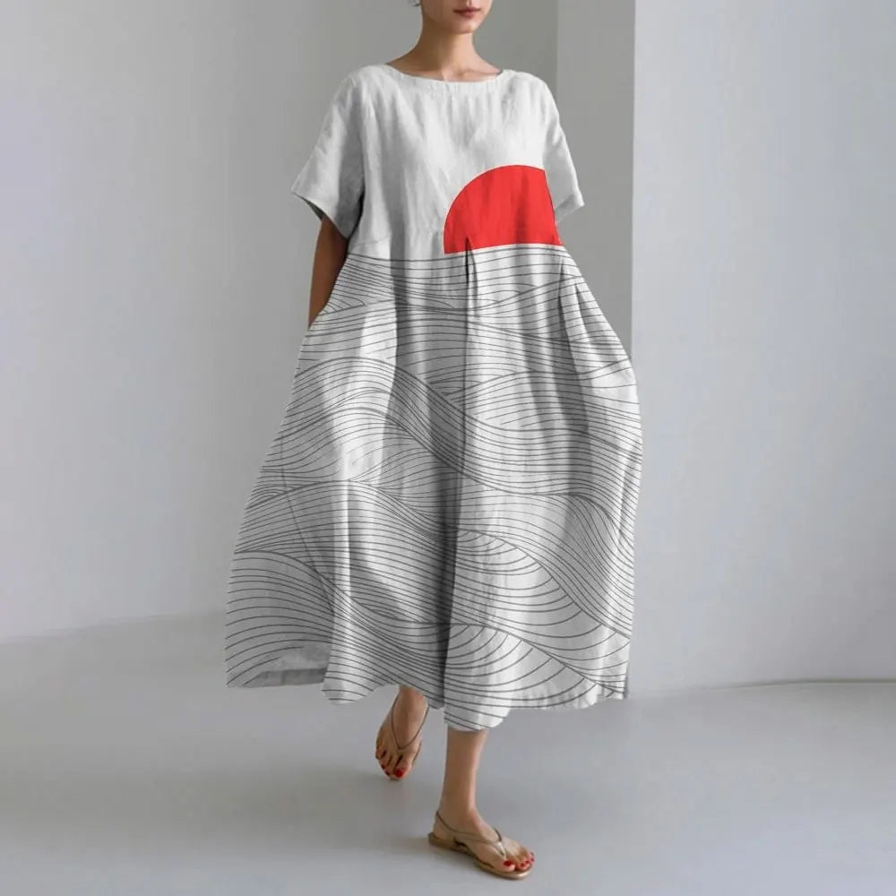 Ladies Fashion Bohemian Fish Print Long Dress for Ladies - plus size wide cut summer dress, crew-neck and elegant summer dress