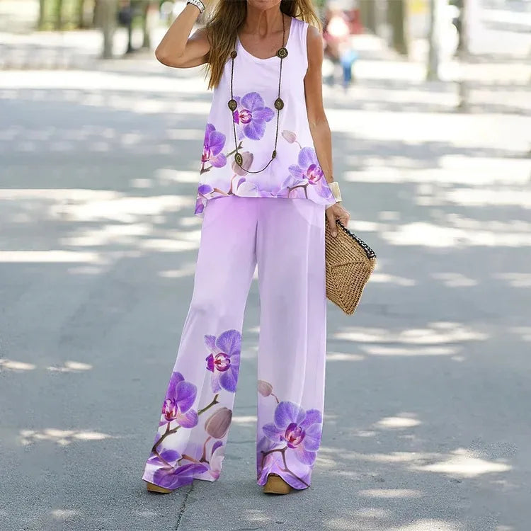 Women Summer Tops Vest Tank Sleeveless Tees Pants Wide Leg Full Long Pant Big Large T Shirts Suit Loose Casual Suits Sets