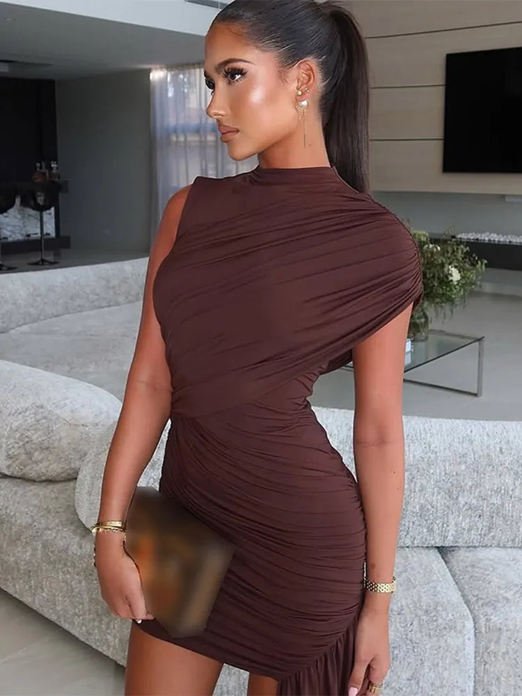 Elegant Brown Lace Up Pleated Mini Dress Chic Round Neck High Waist Sleeveless Slim Dresses 2025 Summer Evening Party Vestidos