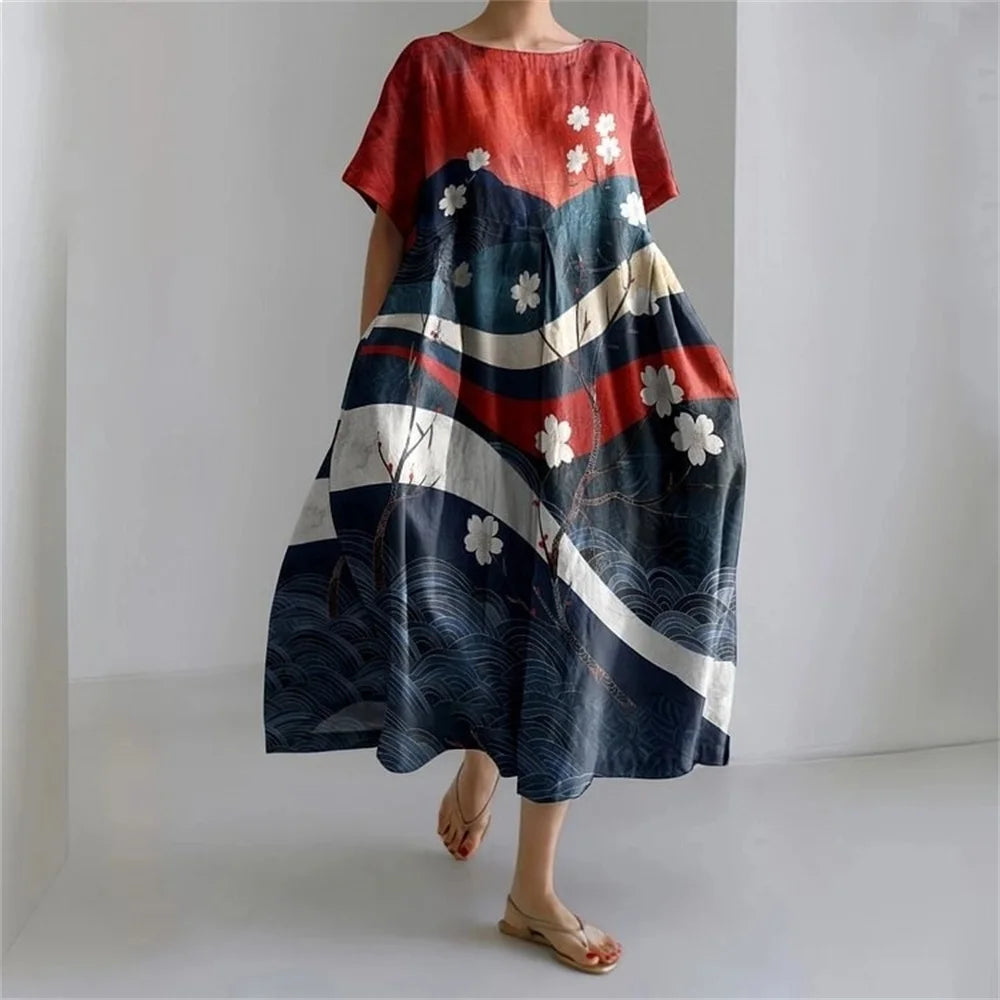 Ladies Fashion Bohemian Fish Print Long Dress for Ladies - plus size wide cut summer dress, crew-neck and elegant summer dress