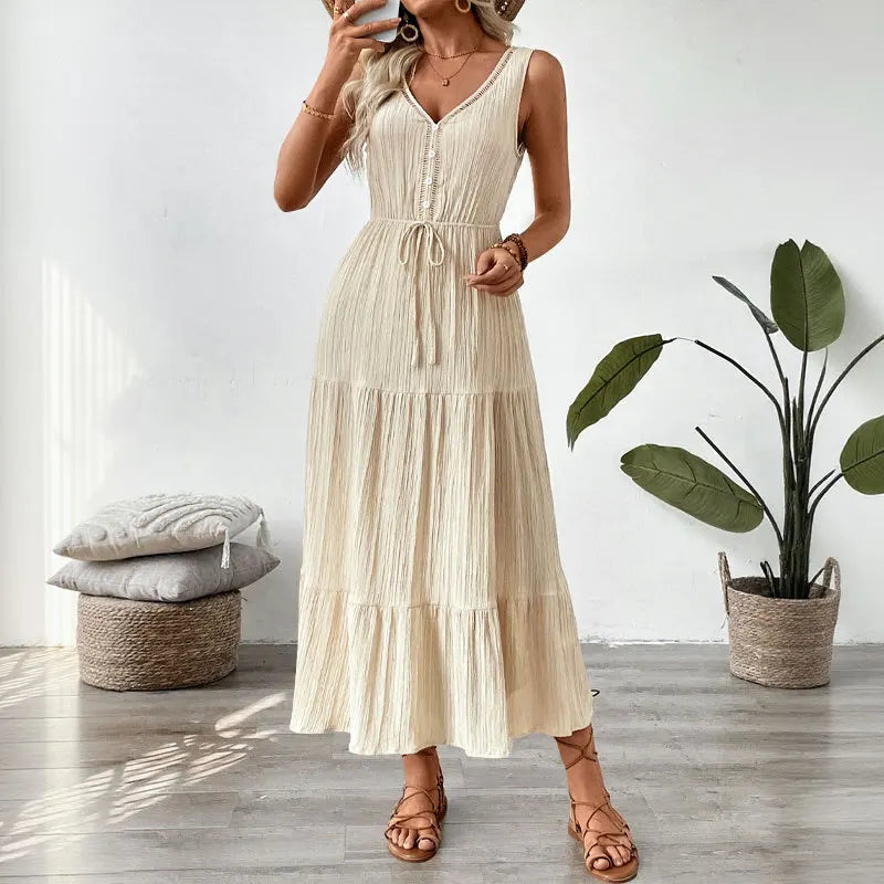 2025 Summer New Beige Sleeveless V-neck Drawstring Waist Dress Women's Vacation Seaside Beach Long Dress Fashion Pleated Skirt