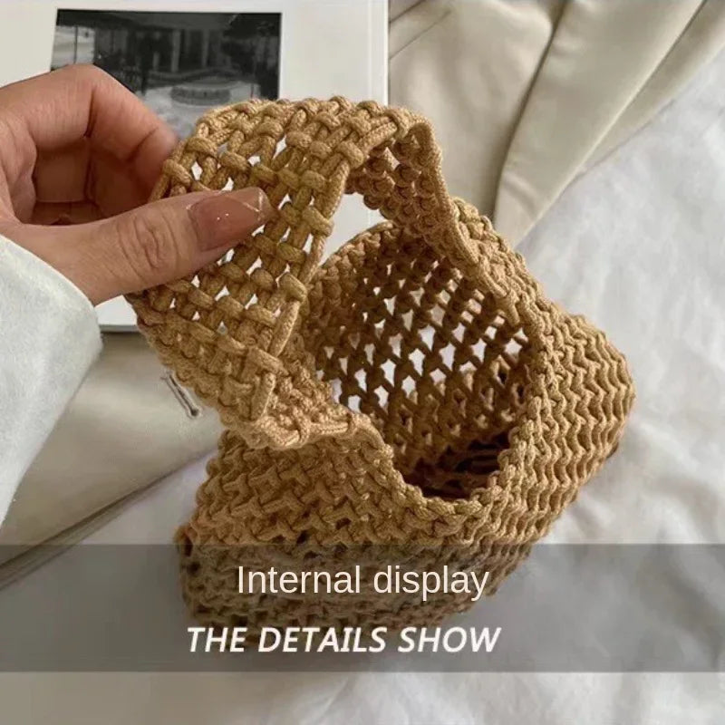 Summer Hand Woven Tote Bags Knitting Crochet Beach Shoulder Bag Hollow Out Handbag Ladies Knitting Straw Rope Underarm Bag