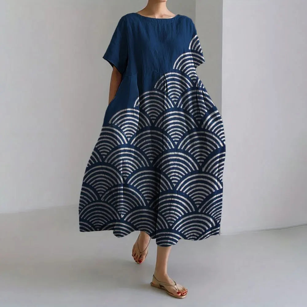 Ladies Fashion Bohemian Fish Print Long Dress for Ladies - plus size wide cut summer dress, crew-neck and elegant summer dress