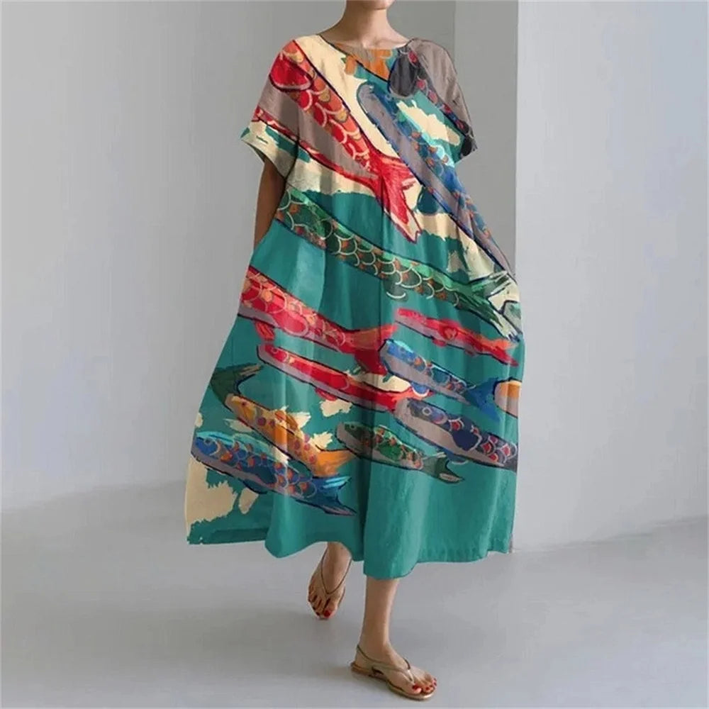 Ladies Fashion Bohemian Fish Print Long Dress for Ladies - plus size wide cut summer dress, crew-neck and elegant summer dress