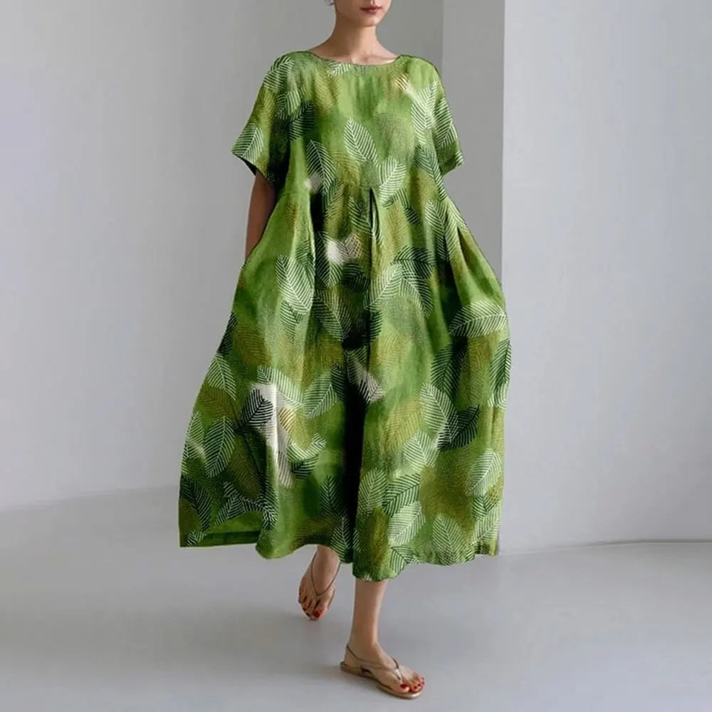 Ladies Fashion Bohemian Fish Print Long Dress for Ladies - plus size wide cut summer dress, crew-neck and elegant summer dress