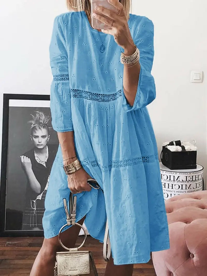 2025 Spring Summer Large Size Women's Dress White O-neck Lace Hollow Out Dresses New Fashion Casual Beach Clothes Ladies Female