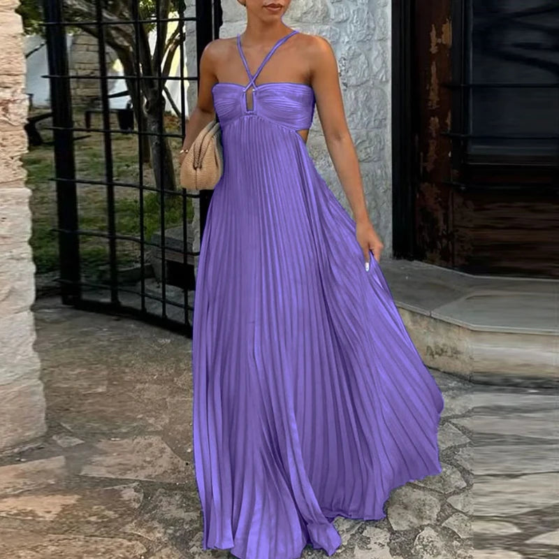 Blue High Waist Pleats Robe Dress Casual Sleeveless Solid Color Holiday Dress Summer Sexy Halter Hollow Off Shoulder Party Dress