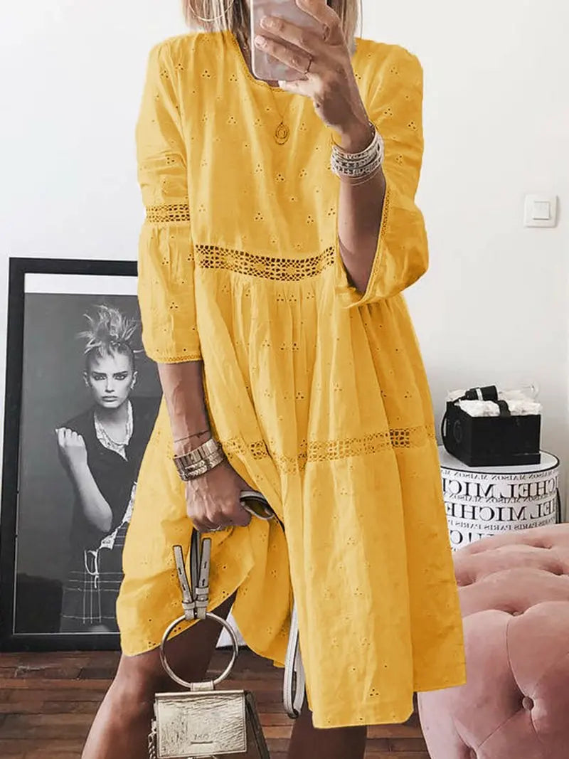 2025 Spring Summer Large Size Women's Dress White O-neck Lace Hollow Out Dresses New Fashion Casual Beach Clothes Ladies Female