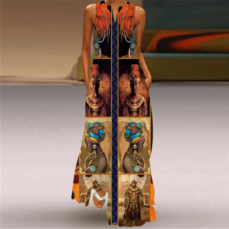New African Women's Long Dresses Spring/Summer Fashion Bohemian Beach Party Sleeveless Party Elegant Sexy Long Vestidos S-3XL