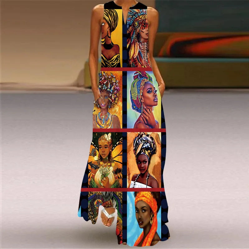 New African Women's Long Dresses Spring/Summer Fashion Bohemian Beach Party Sleeveless Party Elegant Sexy Long Vestidos S-3XL