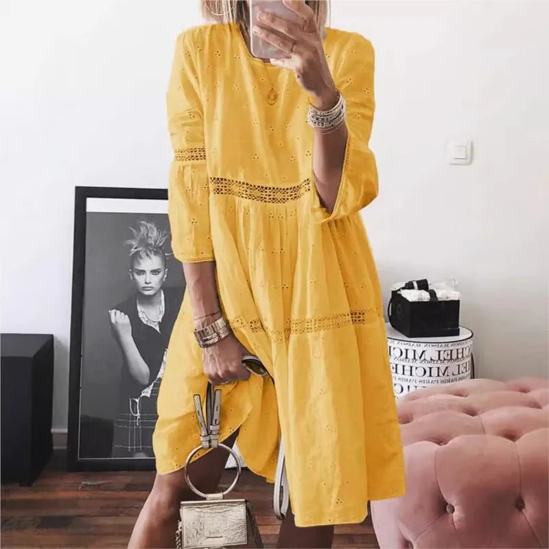 2025 Spring Summer Large Size Women's Dress White O-neck Lace Hollow Out Dresses New Fashion Casual Beach Clothes Ladies Female
