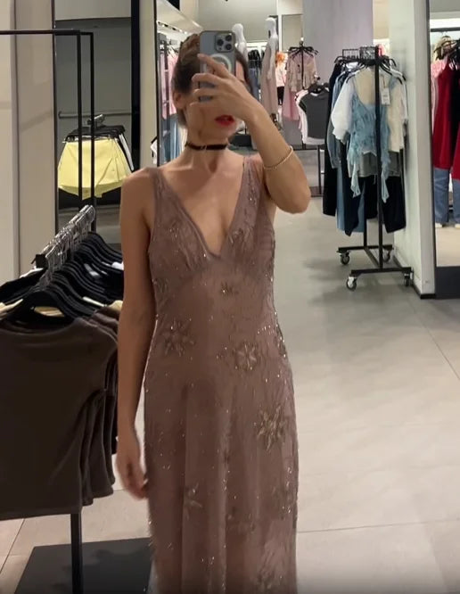 Women Sexy Glitter Sequin Sling Long Dress Elegant Sleeveless Backless Mesh Deep V Maxi Dresses 2025 Lady Party Fashion New Robe