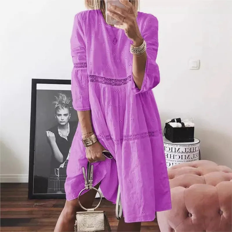 2025 Spring Summer Large Size Women's Dress White O-neck Lace Hollow Out Dresses New Fashion Casual Beach Clothes Ladies Female