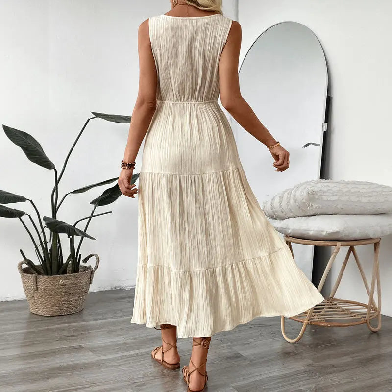 2025 Summer New Beige Sleeveless V-neck Drawstring Waist Dress Women's Vacation Seaside Beach Long Dress Fashion Pleated Skirt