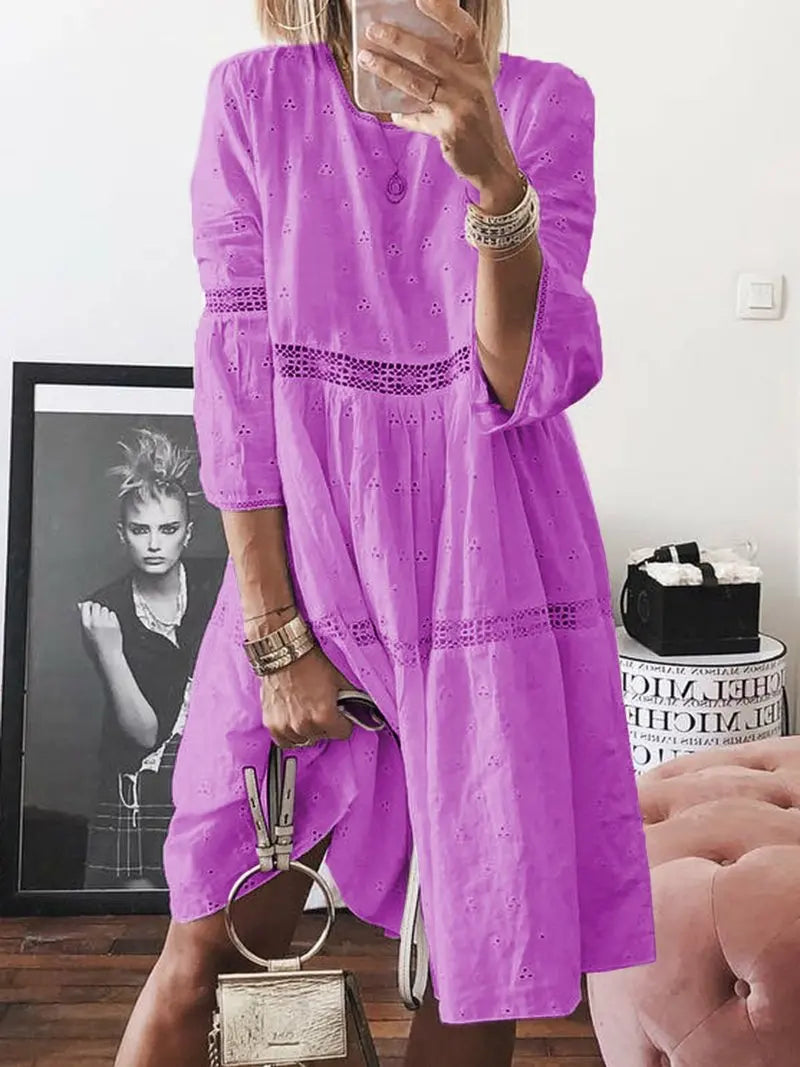 2025 Spring Summer Large Size Women's Dress White O-neck Lace Hollow Out Dresses New Fashion Casual Beach Clothes Ladies Female