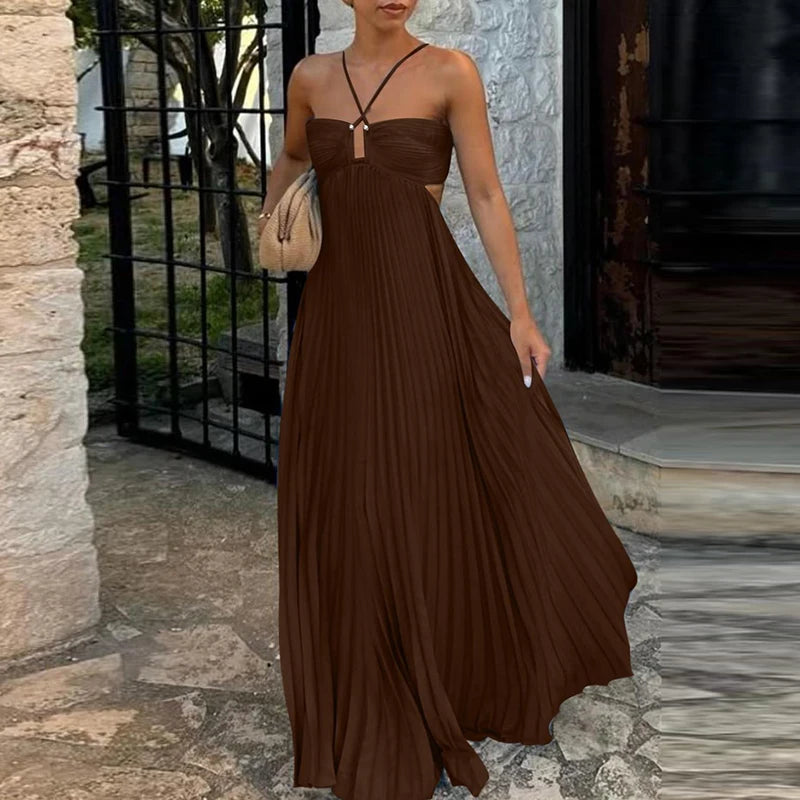 Blue High Waist Pleats Robe Dress Casual Sleeveless Solid Color Holiday Dress Summer Sexy Halter Hollow Off Shoulder Party Dress