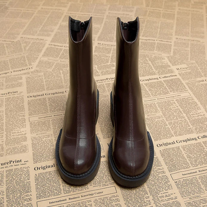 Footwear Waterproof Booties Chunky Short Shoes for Women Platform Very High Heels Female Ankle Boots Round Toe Heeled Quality Pu
