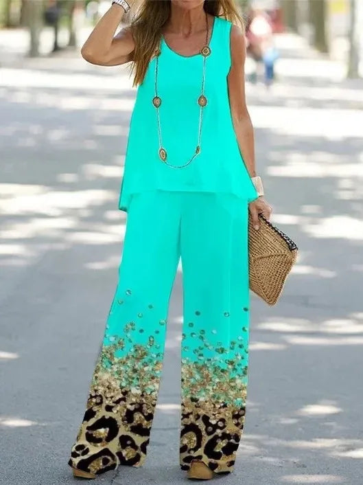 Women Summer Tops Vest Tank Sleeveless Tees Pants Wide Leg Full Long Pant Big Large T Shirts Suit Loose Casual Suits Sets