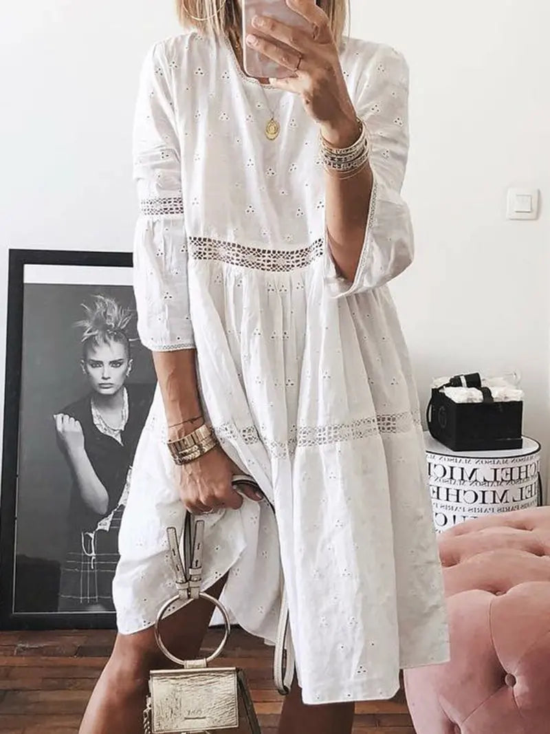 2025 Spring Summer Large Size Women's Dress White O-neck Lace Hollow Out Dresses New Fashion Casual Beach Clothes Ladies Female