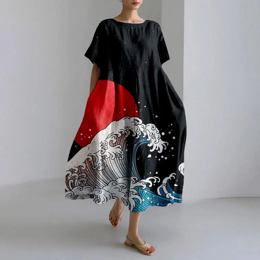 Ladies Fashion Bohemian Fish Print Long Dress for Ladies - plus size wide cut summer dress, crew-neck and elegant summer dress