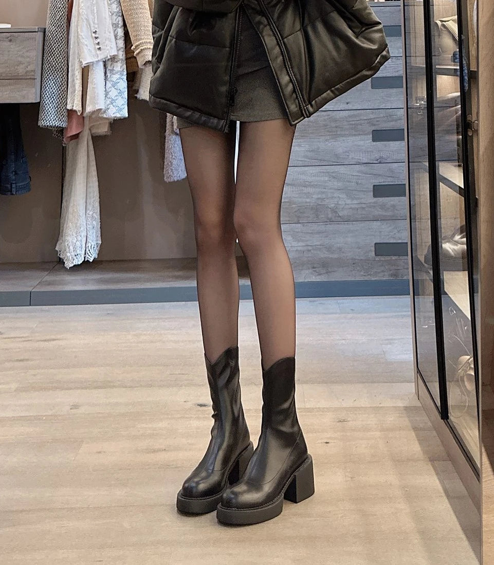 Footwear Waterproof Booties Chunky Short Shoes for Women Platform Very High Heels Female Ankle Boots Round Toe Heeled Quality Pu
