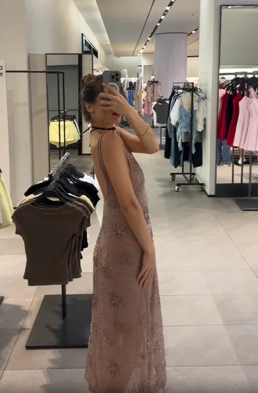 Women Sexy Glitter Sequin Sling Long Dress Elegant Sleeveless Backless Mesh Deep V Maxi Dresses 2025 Lady Party Fashion New Robe
