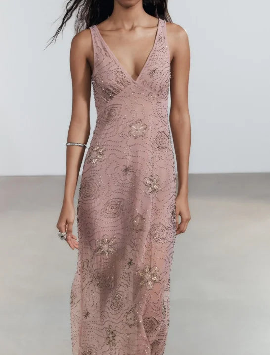 Women Sexy Glitter Sequin Sling Long Dress Elegant Sleeveless Backless Mesh Deep V Maxi Dresses 2025 Lady Party Fashion New Robe