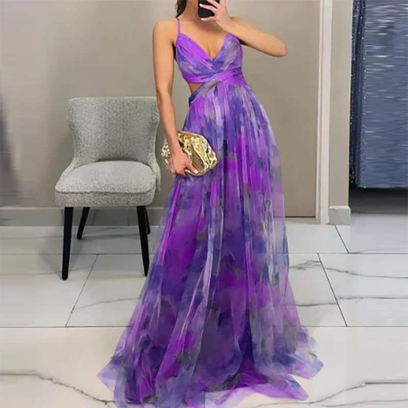 Elegant Print Pleated Mesh Evening Dress Sexy Off Shoulder Ins Vacation Long Dress Summer V Neck High Waist Backless Sling Dress