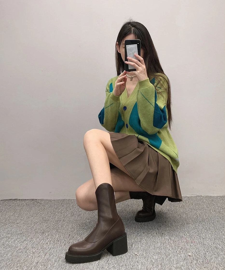 Footwear Waterproof Booties Chunky Short Shoes for Women Platform Very High Heels Female Ankle Boots Round Toe Heeled Quality Pu