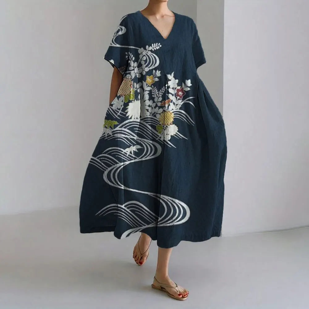 Ladies Fashion Bohemian Fish Print Long Dress for Ladies - plus size wide cut summer dress, crew-neck and elegant summer dress