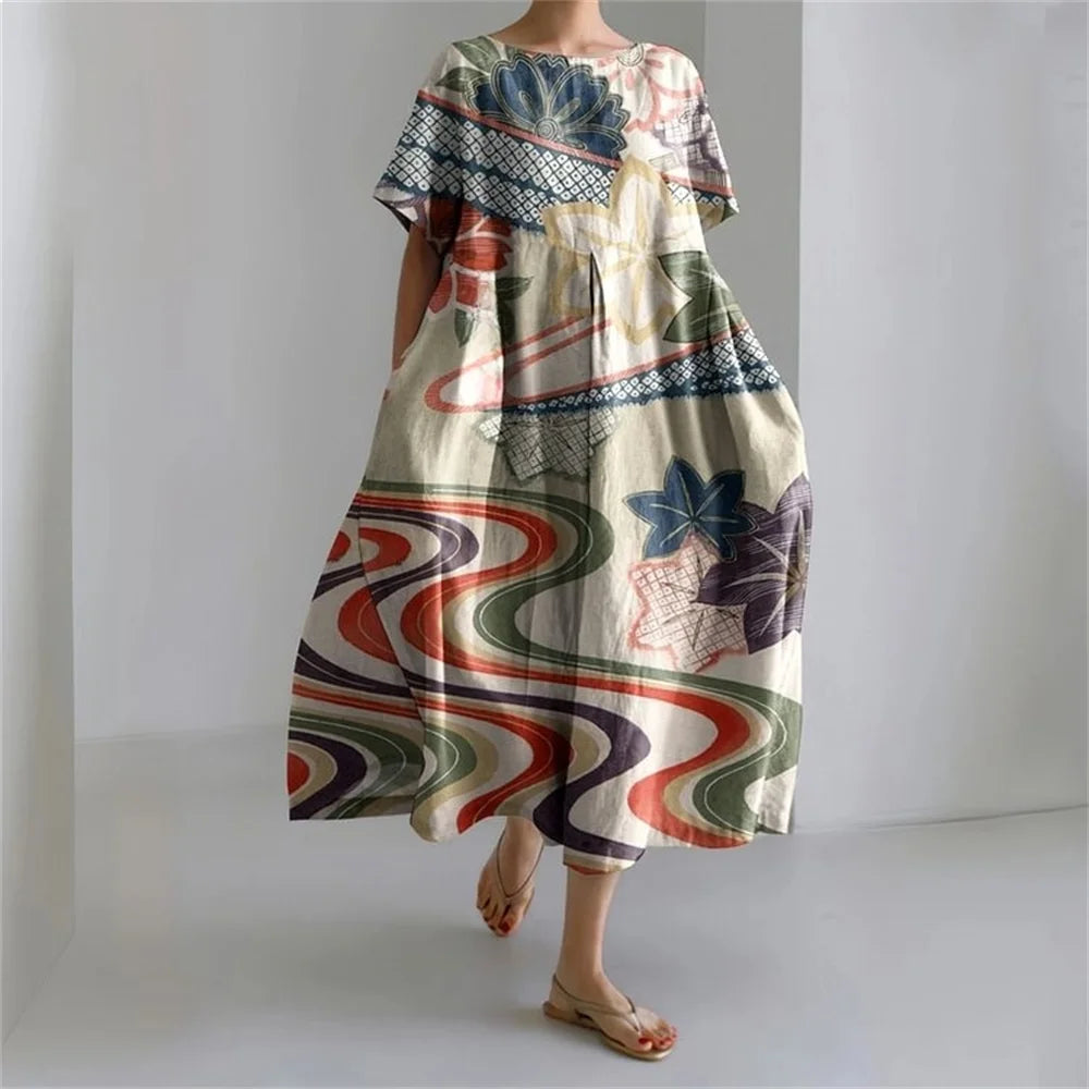 Ladies Fashion Bohemian Fish Print Long Dress for Ladies - plus size wide cut summer dress, crew-neck and elegant summer dress