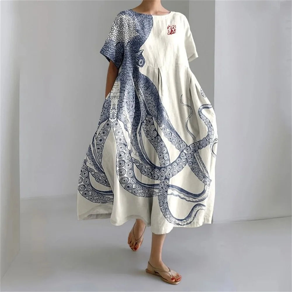 Ladies Fashion Bohemian Fish Print Long Dress for Ladies - plus size wide cut summer dress, crew-neck and elegant summer dress