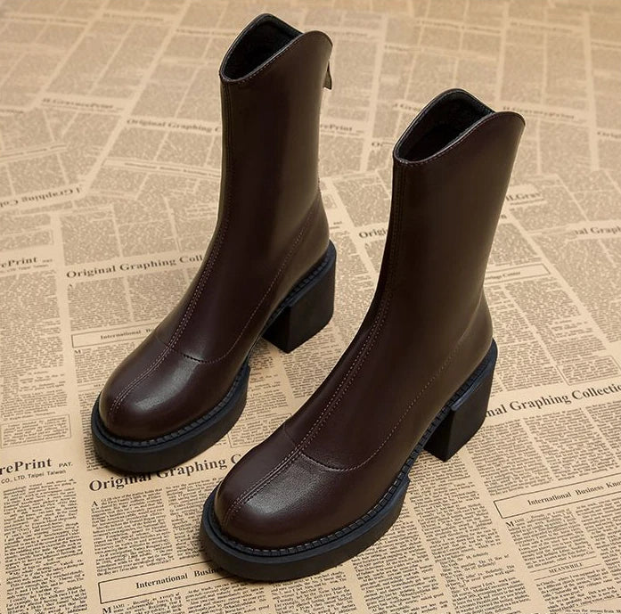 Footwear Waterproof Booties Chunky Short Shoes for Women Platform Very High Heels Female Ankle Boots Round Toe Heeled Quality Pu