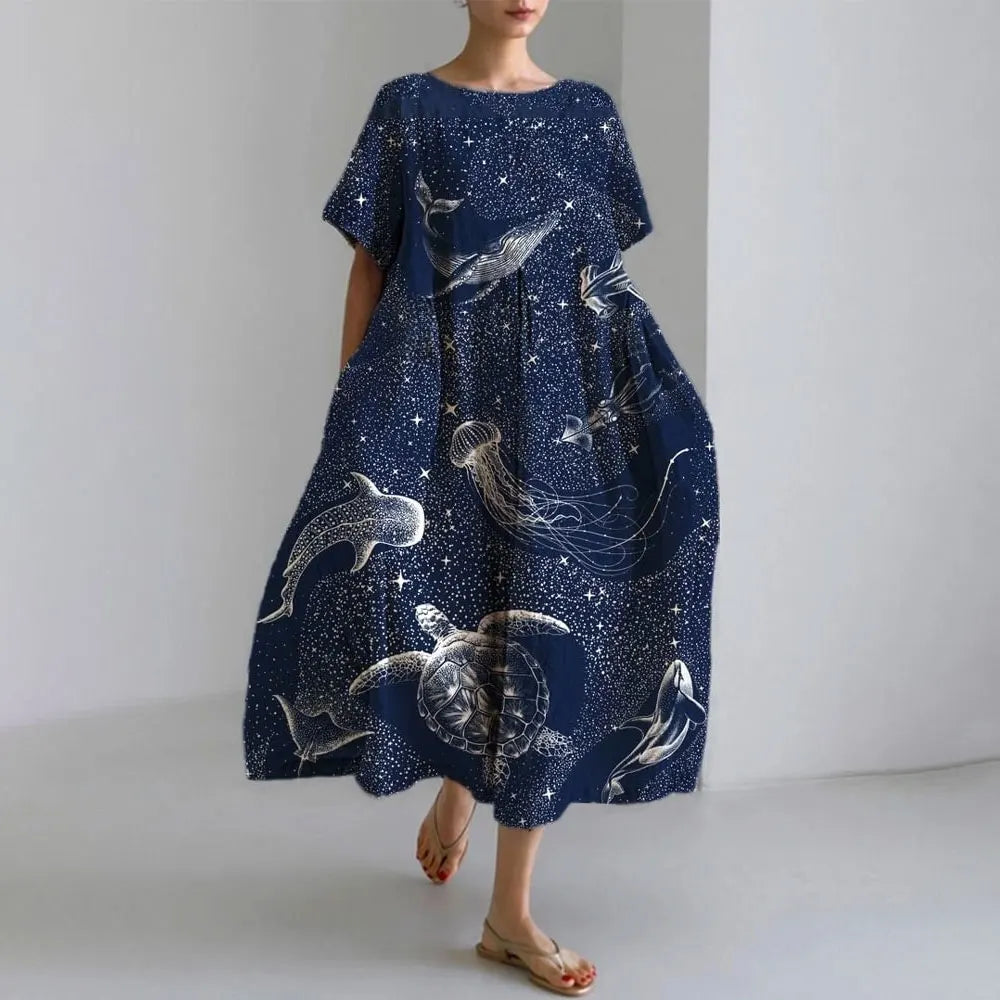 Ladies Fashion Bohemian Fish Print Long Dress for Ladies - plus size wide cut summer dress, crew-neck and elegant summer dress