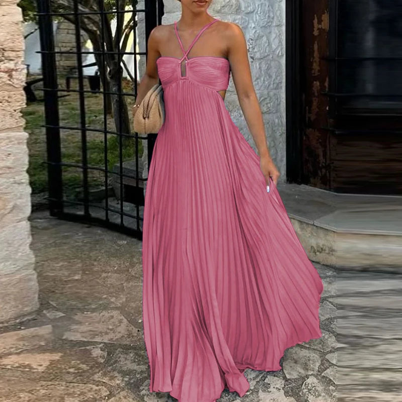 Blue High Waist Pleats Robe Dress Casual Sleeveless Solid Color Holiday Dress Summer Sexy Halter Hollow Off Shoulder Party Dress